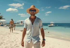 ai generativ tillbaka se ung turist man i sommar klänning och hatt stående på skön sandig strand. njuter. foto