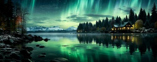 ett förtjusande blandning av vibrerande grönt och purpur dans tvärs över de natt himmel märkning de eterisk skönhet av de aurora borealis i nordic underlandet foto