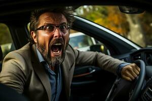 en rasande man skriker från hans bil medan en kvinna reagerar med storögd frustration i en trafik sylt foto