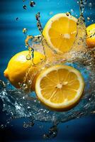 citron- skivor sjunkande in i de djup av vatten foto