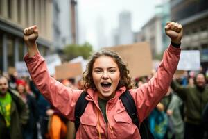 en fast besluten aktivist innehav en spara vår planet tecken på en klimat förändra strejk omgiven förbi en hav av passionerad demonstranter foto