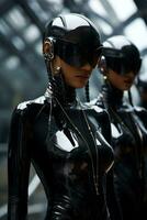 cybernetiska kvinnor klädd i minimalistisk metallisk klädsel sipprar avantgarde- futurism i en enfärgad miljö foto