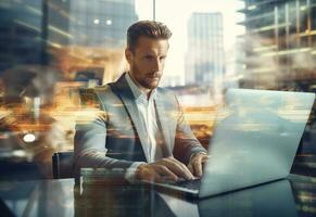 ai generativ dubbel- exponering Foto av en företag man använder sig av bärbar dator på hans skrivbord främre se kontor bakgrund