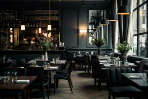 ett modern interiör restaurang full av grå möbel och svart tabeller foto