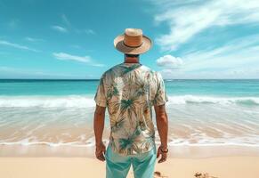 ai generativ tillbaka se ung turist man i sommar klänning och hatt stående på skön sandig strand. njuter. foto