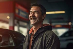 leende man med bil stående i gas station foto