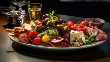 Foto av antipasto tallrik som en maträtt i en high-end restaurang. generativ ai