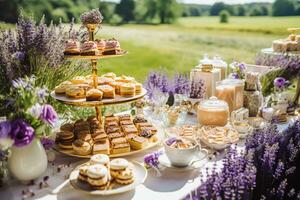 efterrätt buffé tabell, mat catering för bröllop, fest Semester firande, lavendel- dekor, kakor och desserter i en Land trädgård, generativ ai foto