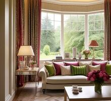 Sammanträde rum dekor, interiör design och hus förbättring, levande rum med stor fönster och rosa Hem dekor accenter i engelsk Land hus och elegant stuga stil, generativ ai foto