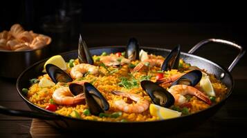 Foto av skaldjur paella som en maträtt i en high-end restaurang. generativ ai