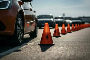 körning Kompetens bedömas bil förhandlar trafik koner under de licens testa. ai genererad foto