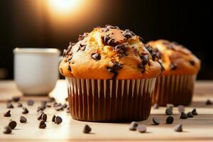 unna sig i de godhet av en värma, nyligen bakad choklad chip muffin ai genererad foto