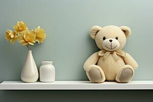 en 3d återges vit hylla Utsmyckad med en söt fylld leksak teddy Björn ai genererad foto