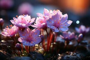 naturer symfoni vår blommor blomma, suddig bokeh i de bakgrund ai genererad foto