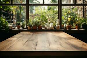 tömma tabell inramade förbi suddig kök fönster mångsidig Plats för fantasifull mönster ai genererad foto