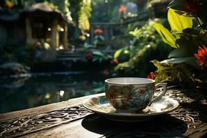 mysigt flykt, te eller kaffe kopp avslöjar en tropisk oas ai genererad foto