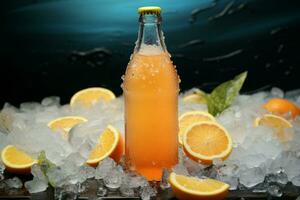 glas flaska med en snygghet orange dryck och krossad is inuti ai genererad foto