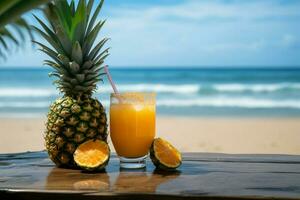 tropisk glädje uppfriskande ananas dryck haft mot en fantastisk strand bakgrund ai genererad foto