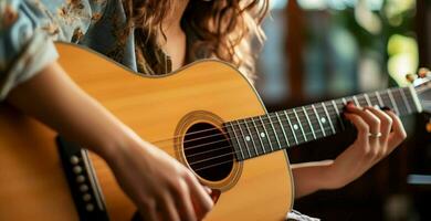 en sida se fångar en kvinna musiker skickligt strumming ett akustisk gitarr. ai genererad foto