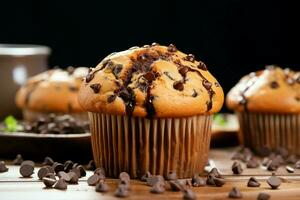 läckra choklad chip muffin, en ljuvlig behandla för din smak knoppar ai genererad foto