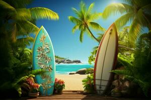 surfing hamn paradis ö Utsmyckad med palmer inviterar med vibrerande surfingbrädor ai genererad foto