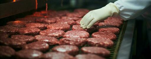 slaktare mästerligt bearbeta kött in i utsökt hamburgare patties med precision och vård ai genererad foto