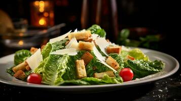 Foto av caesar sallad som en maträtt i en high-end restaurang. generativ ai
