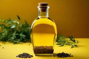 oliv olja flaska med en blandning av kryddor uppsättning mot en gul bakgrund ai genererad foto