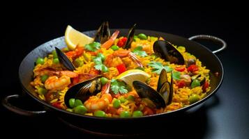 Foto av karibiska skaldjur paella som en maträtt i en high-end restaurang. generativ ai