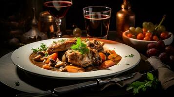 Foto av coq au vin som en maträtt i en high-end restaurang. generativ ai