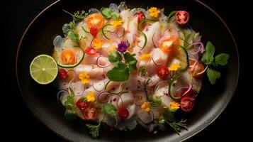 Foto av kokos ceviche som en maträtt i en high-end restaurang. generativ ai