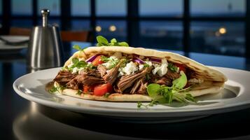 Foto av grekisk gyro som en maträtt i en high-end restaurang. generativ ai