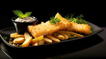 Foto av fisk och pommes frites som en maträtt i en high-end restaurang. generativ ai