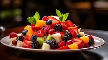 Foto av färsk frukt sallad som en maträtt i en high-end restaurang. generativ ai