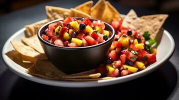 Foto av frukt salsa med kanel pommes frites som en maträtt i en high-end restaurang. generativ ai