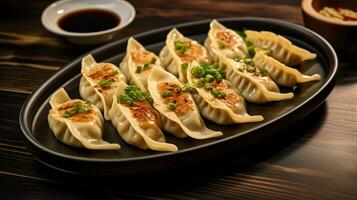 Foto av gyoza som en maträtt i en high-end restaurang. generativ ai