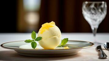 Foto av citron- sorbet som en maträtt i en high-end restaurang. generativ ai