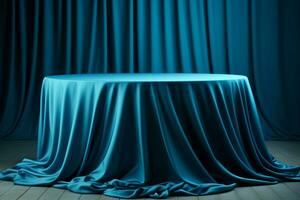 runda tabell med blå tyg bordsduk, matchande bakgrund, och sticka gardiner ai genererad foto