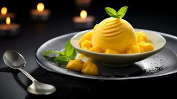 Foto av mango sorbet som en maträtt i en high-end restaurang. generativ ai