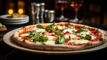 Foto av margherita pizza som en maträtt i en high-end restaurang. generativ ai