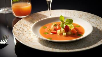 Foto av melon gazpacho som en maträtt i en high-end restaurang. generativ ai