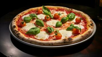 Foto av margherita pizza som en maträtt i en high-end restaurang. generativ ai