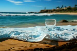 suddig strand bakgrund lägger till locka till ett tömma bordsduk lugn med kust charm ai genererad foto