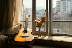 i ett urban lägenhet, en klassisk gitarr lägger till tidlös charm till modernitet. ai genererad foto