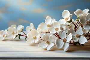 blommande dogwood närbild på vit trä tabell delikat skönhet fångad ai genererad foto