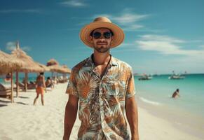 ai generativ tillbaka se ung turist man i sommar klänning och hatt stående på skön sandig strand. njuter. foto