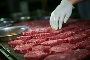 expert- slaktare skickligt omvandla kött in i läckra hamburgare patties genom noggrann bearbetning ai genererad foto