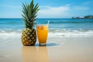 sommartid salighet släckning törst med en ananas dryck på en underbar strand ai genererad foto
