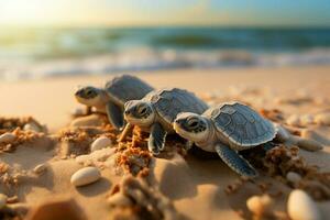 skuggning på de havet bebis sköldpaddor ha sönder fri, startande deras kust resa. ai genererad foto