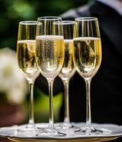 lyx service, glasögon av champagne eras förbi en servitör på en bröllop firande eller händelse i formell engelsk stil på lyxig hotell eller Land egendom trädgård, generativ ai foto